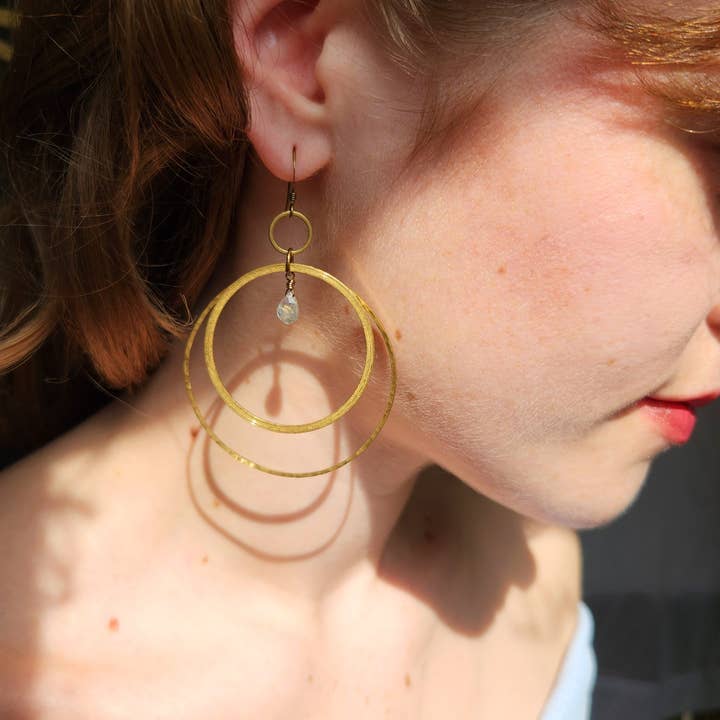 Edgy Petal Labradorite Dainty Hammered Circle Hoop Earrings
