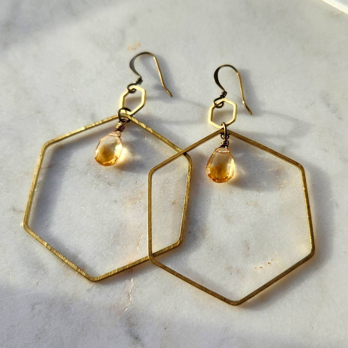 Edgy Petal Thin Citrine Hexagon Earrings