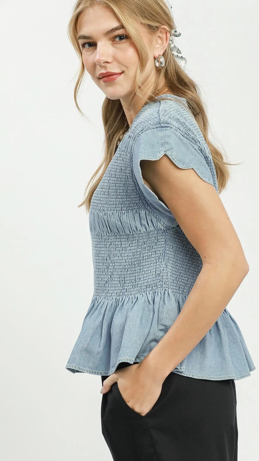 Umgee Chambray Smocked Top