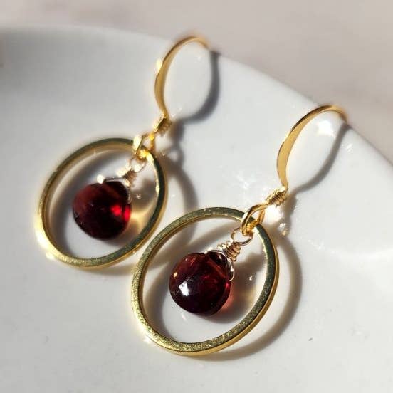 Edgy Petal Garnet Inside Gold Circle Earrings