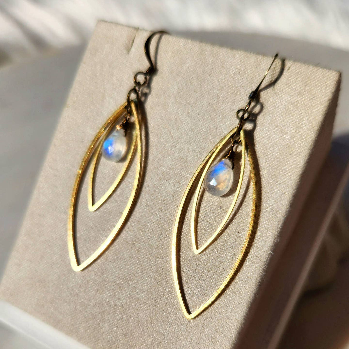 Edgy Petal Rainbow Moonstone Double Marquis Earrings