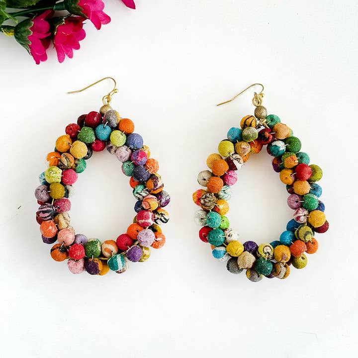 World Finds Kantha Sculptural Teardrop Earrings