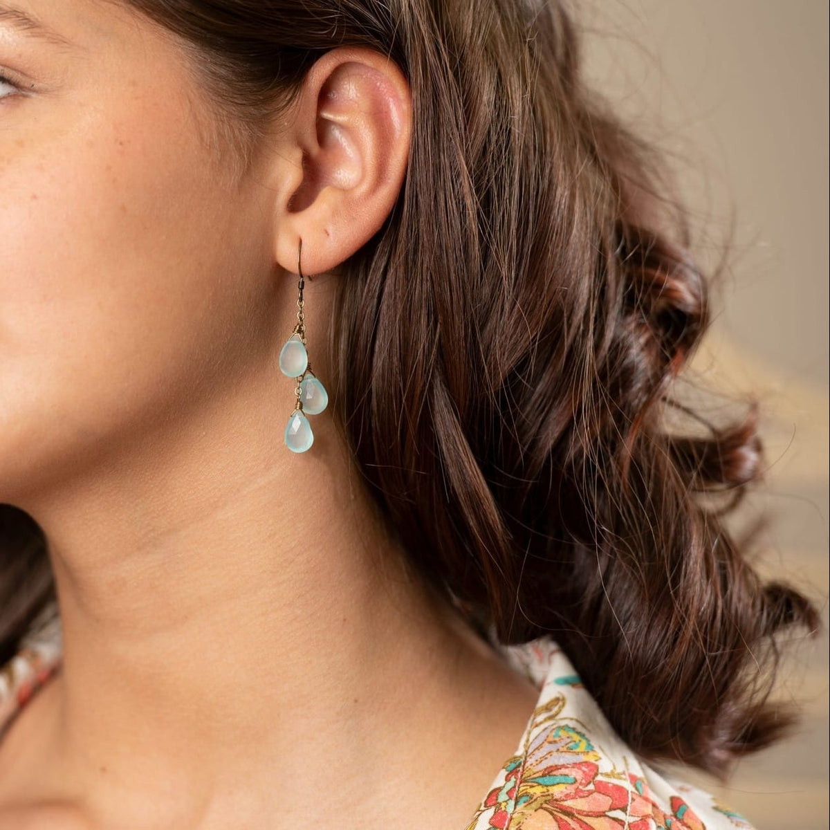 Edgy Petal Streaming Seafoam Chalcedony Teardrop Earring