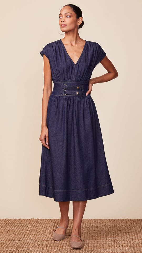 Anthem Trim Waist Denim Midi Dress