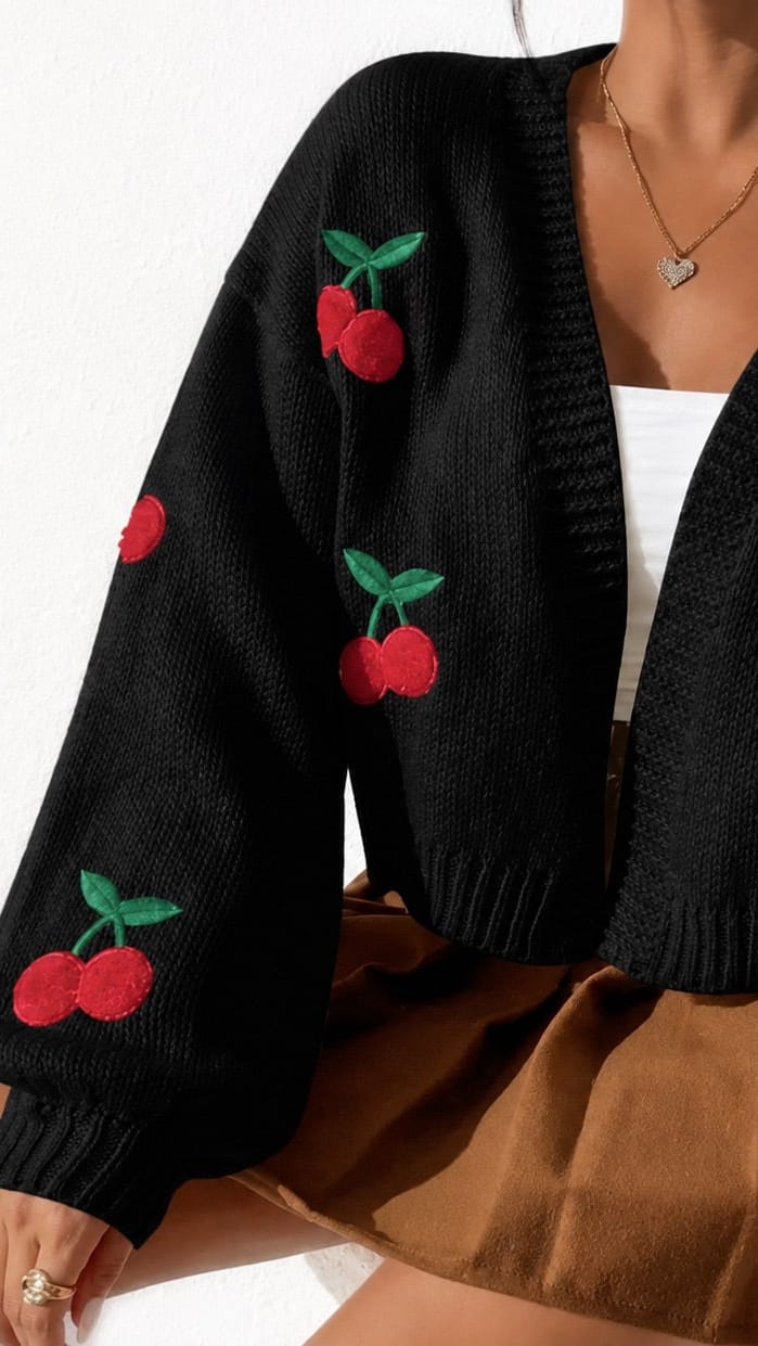 Embroidered Cherry Crop Cardigan