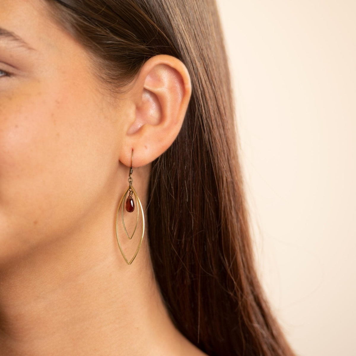Edgy Petal Garnet Double Marquis Golden Teardrop Earrings