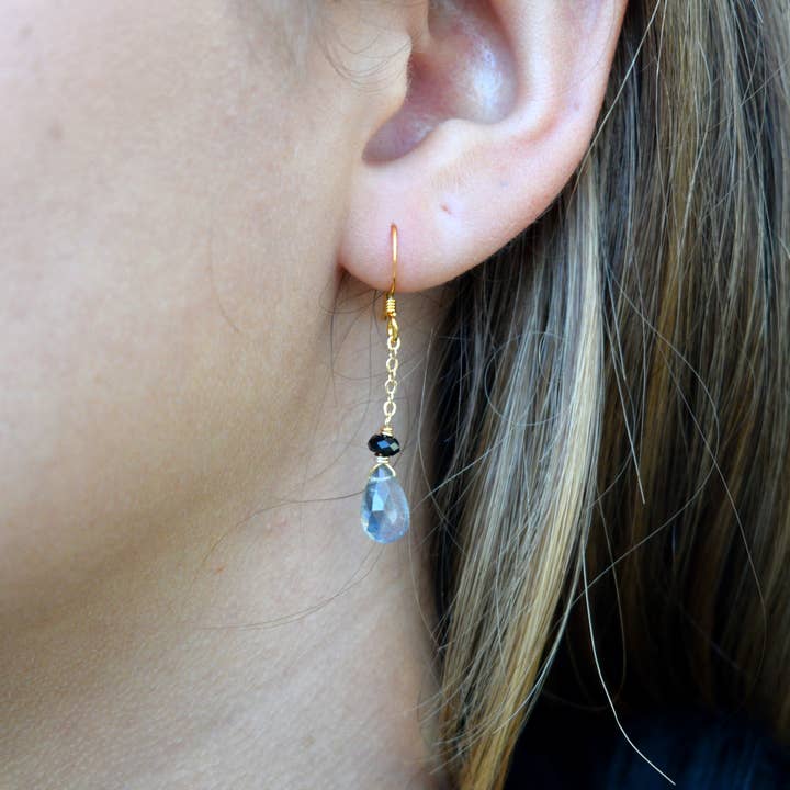 Edgy Petal Dainty Labradorite & Onyx Gold Chain Earrings