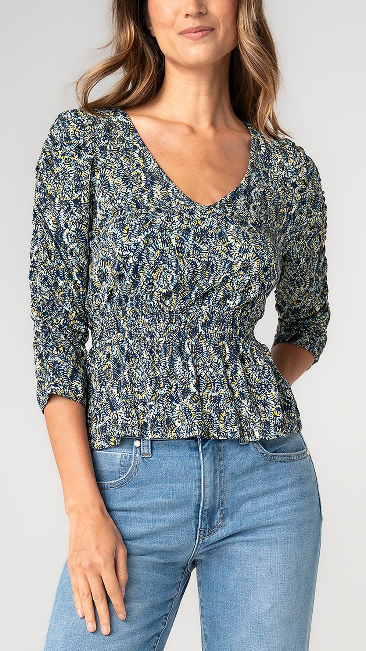 Liverpool 3/4 Sleeve Ruched V-Neck Top