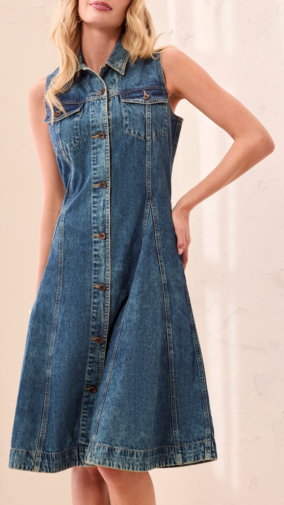Tribal Fit and Flare Front Collared Denim Dress
