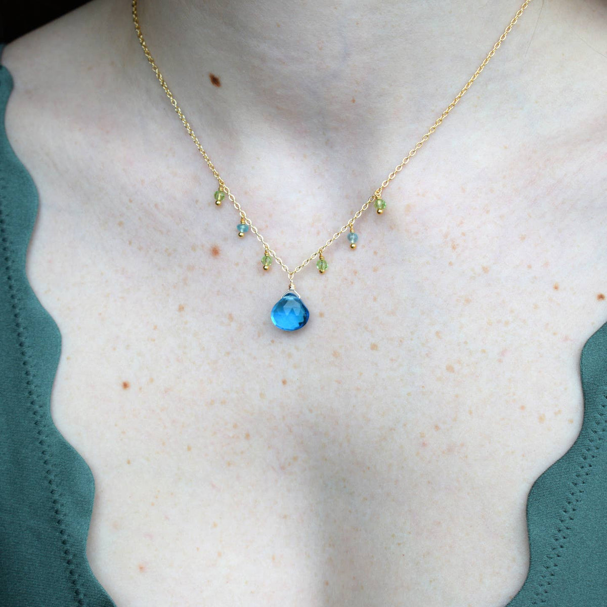 Edgy Petal Blue Quartz Gold Fringe Necklace