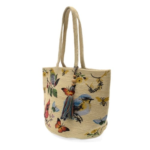 Joy Susan Painted Bird Avis Jute Tote with Tassel