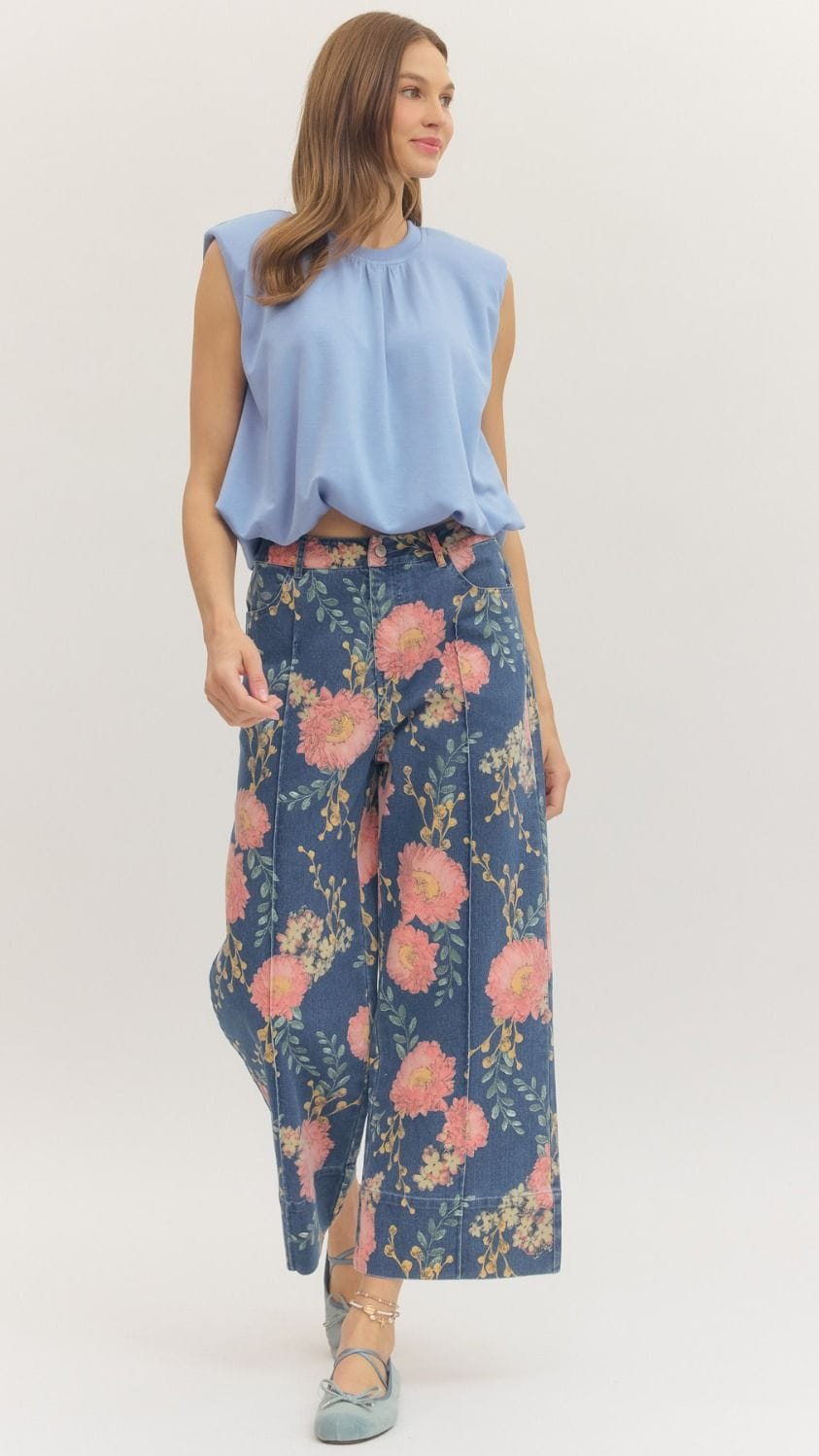 Floral Print Denim Pants