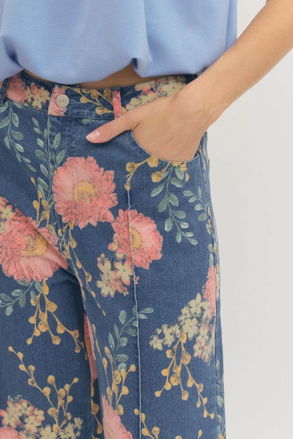 Floral Print Denim Pants