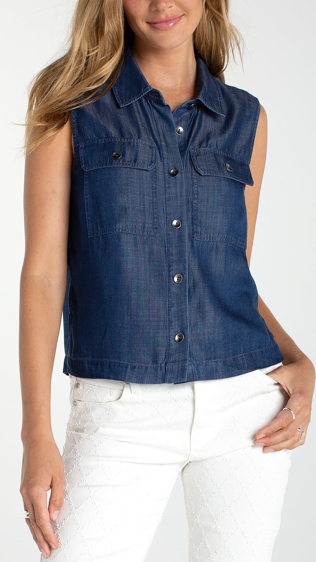 Liverpool Sleeveless Button Top with Pockets