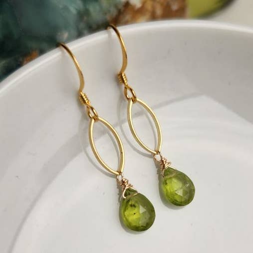 Edgy Petal Green Peridot Dainty Gold Marquis Earrings