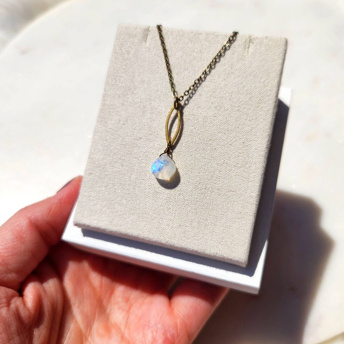 Edgy Petal Rainbow Moonstone Dainty Marquis Brass Necklace