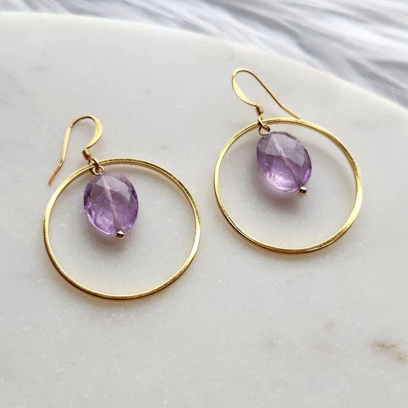 Edgy Petal Amethyst Gold Circle Earrings