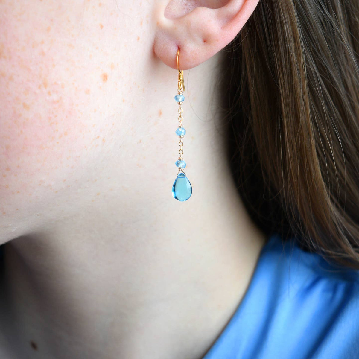 Edgy Petal Smooth Blue Quartz Chain and Rondelle Earrings