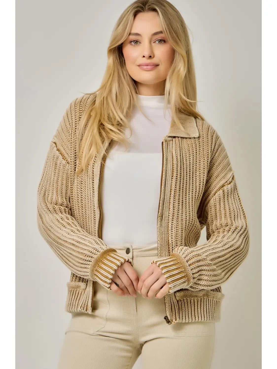 Mystree Washed Ribbed Zip-Up Sweater - Multiple Colors