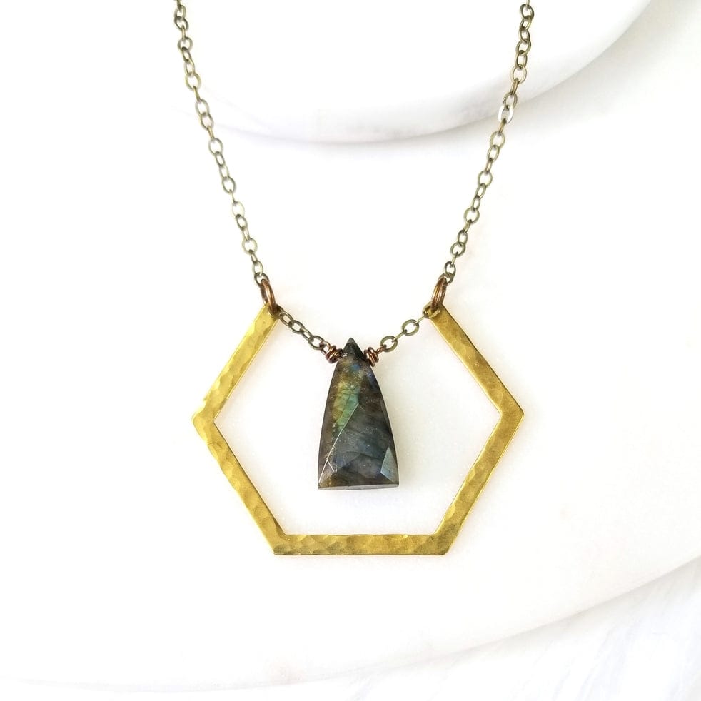 Edgy Petal Labradorite Triangle Hammered Hexagon Necklace