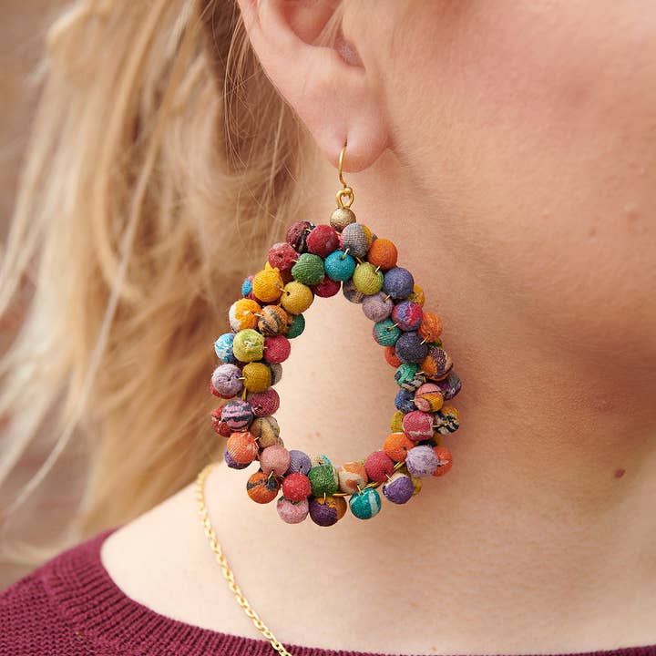 World Finds Kantha Sculptural Teardrop Earrings