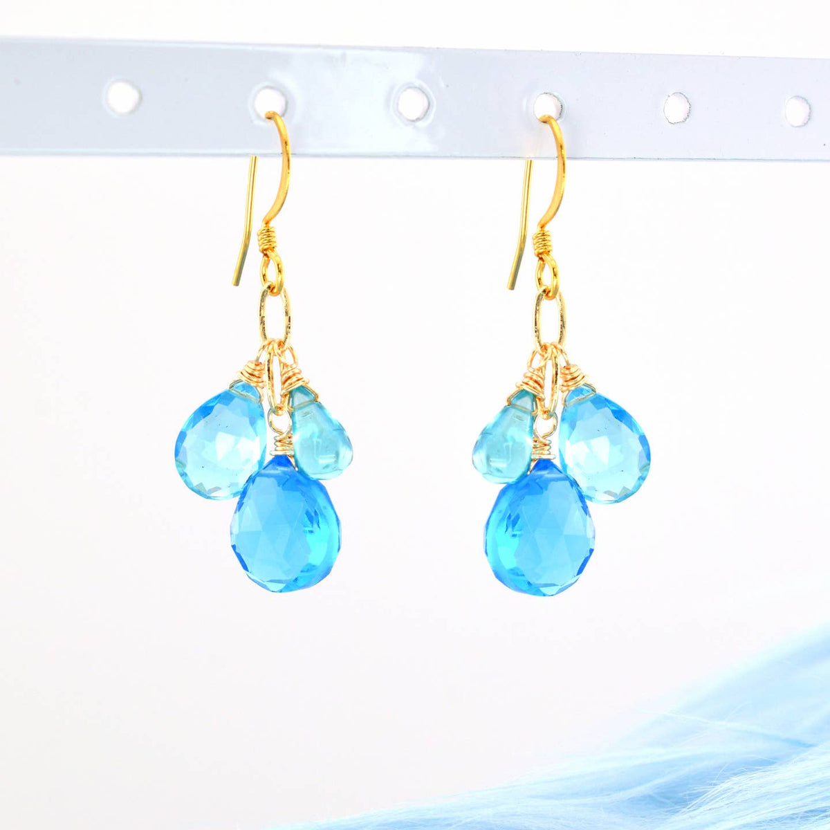Edgy Petal Blue Quartz Cluster Gold Earrings