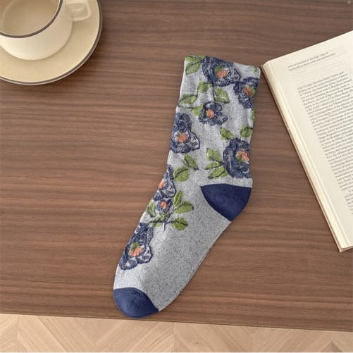 Classic Rose Embroidery Crew Socks - Multiple Colors