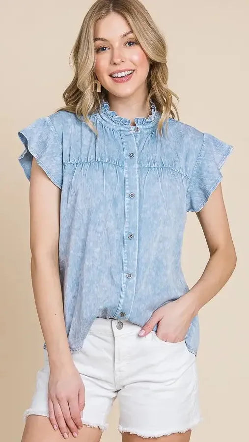 Mineral Wash Ruffle Button Down Shirt