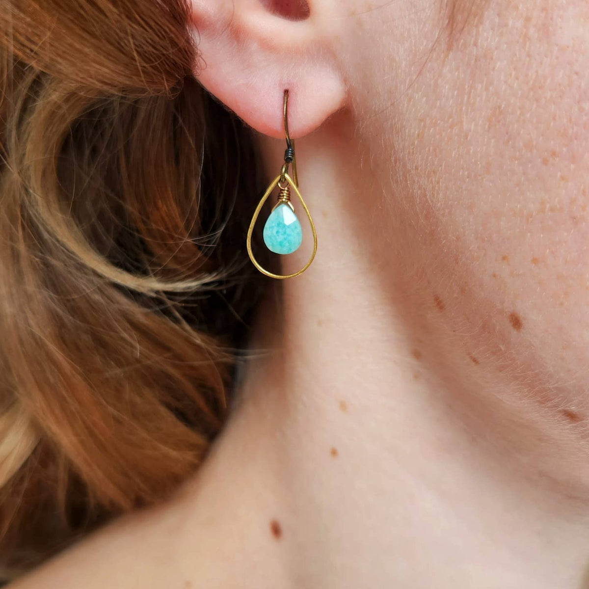Edgy Petal Small Amazonite Inside Brass Teardrop Earrings