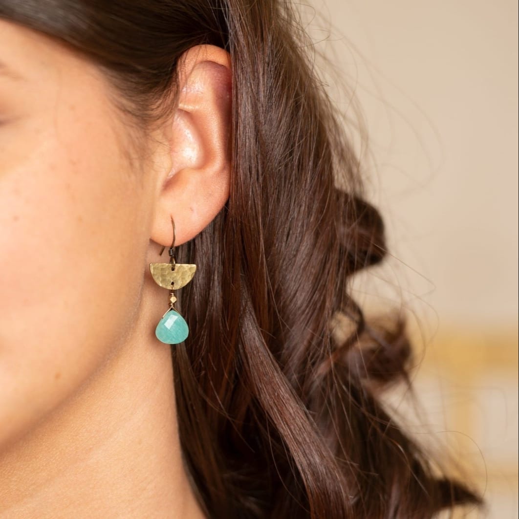 Edgy Petal Blue Amazonite Hammered Half Moon Boho Earrings