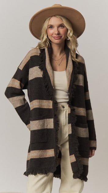 Boho Striped Fringe Long Cardigan