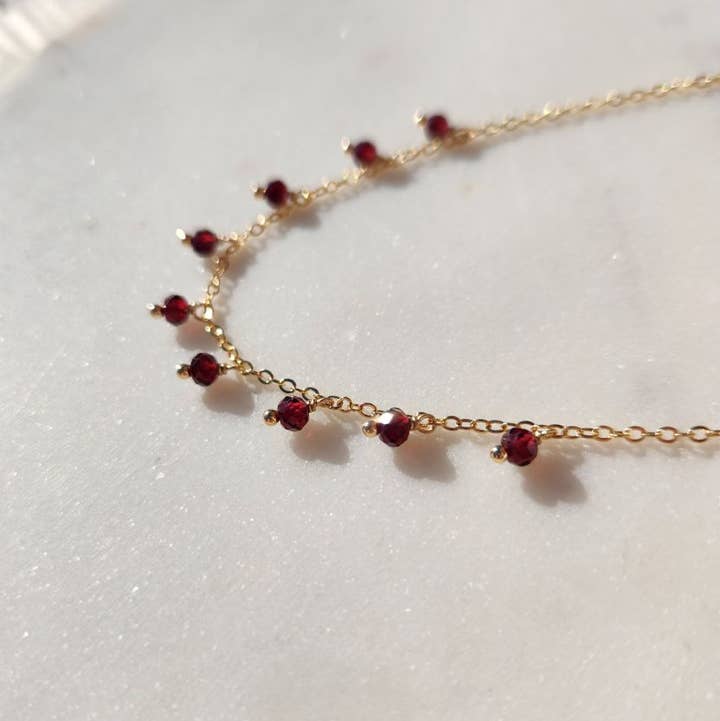 Edgy Petal Garnet Beaded Gold Fringe Necklace