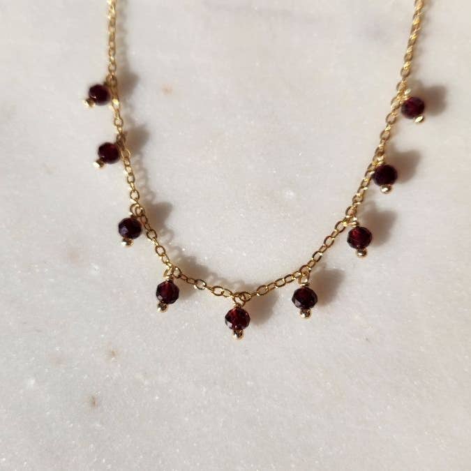 Edgy Petal Garnet Beaded Gold Fringe Necklace