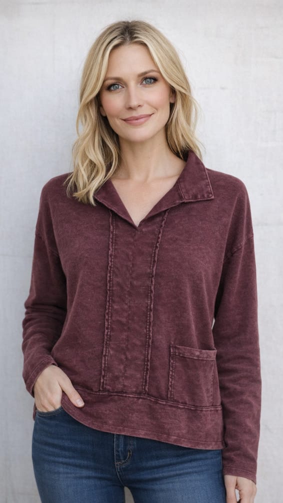 Cotton Lani Mineral Relaxed Collar Pocket Top - Multiple Colors