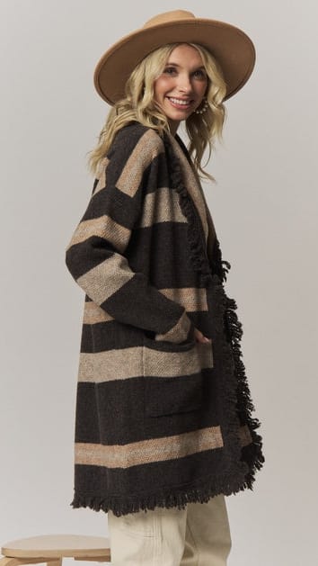 Boho Striped Fringe Long Cardigan