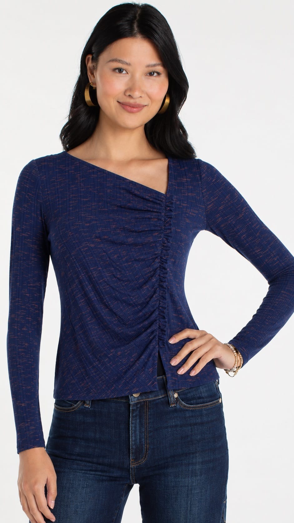 Liverpool Asymmetrical Neck with Ruffle Knit Top