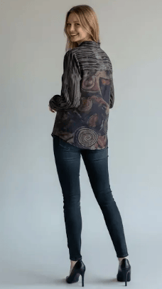 Shana Apparel Printed Back Mixed Media Shirt