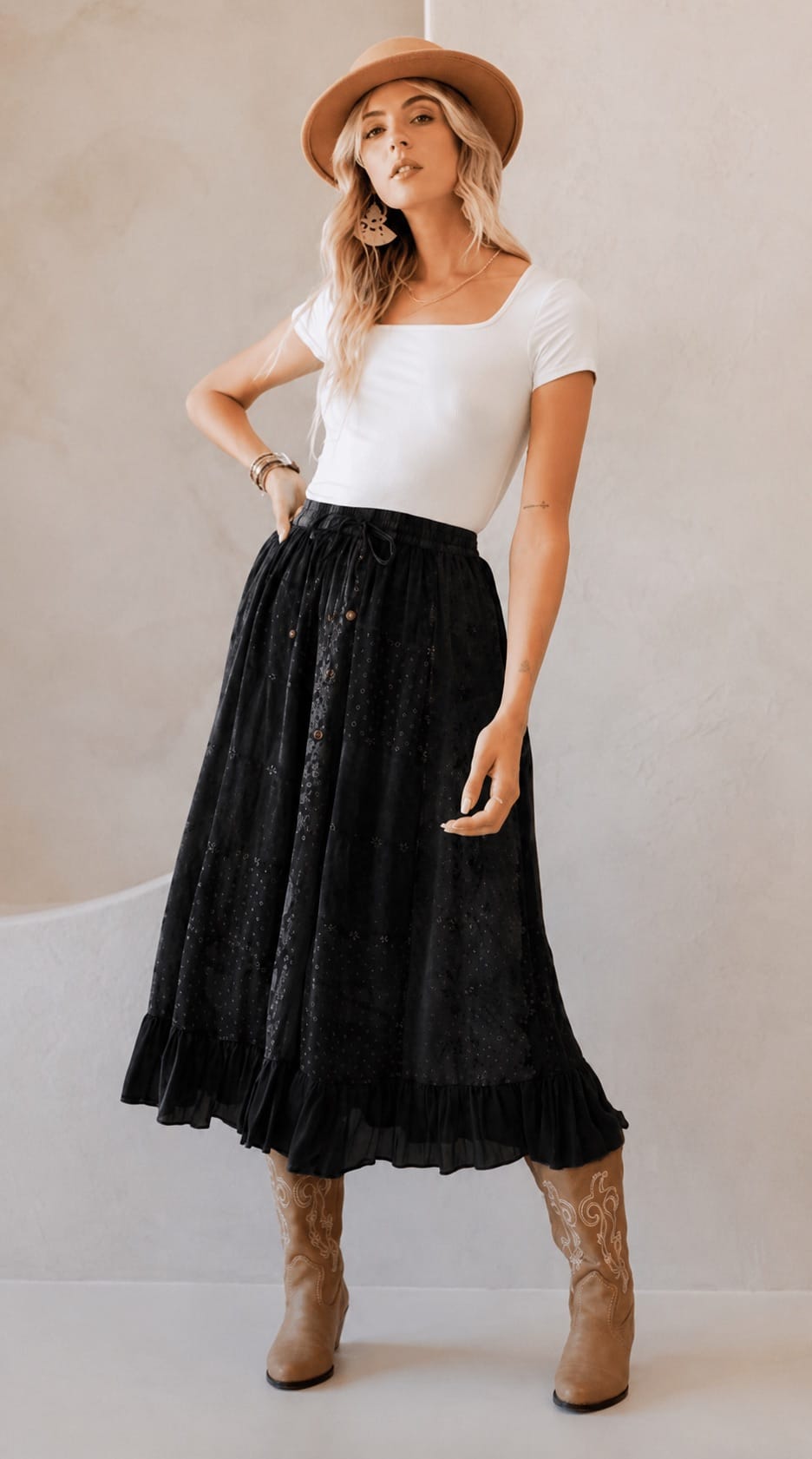 Patchwork Embroidered Maxi Skirt with Pockets
