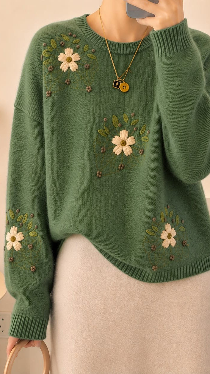 Vintage Green Embroidered Long Sleeve Sweater