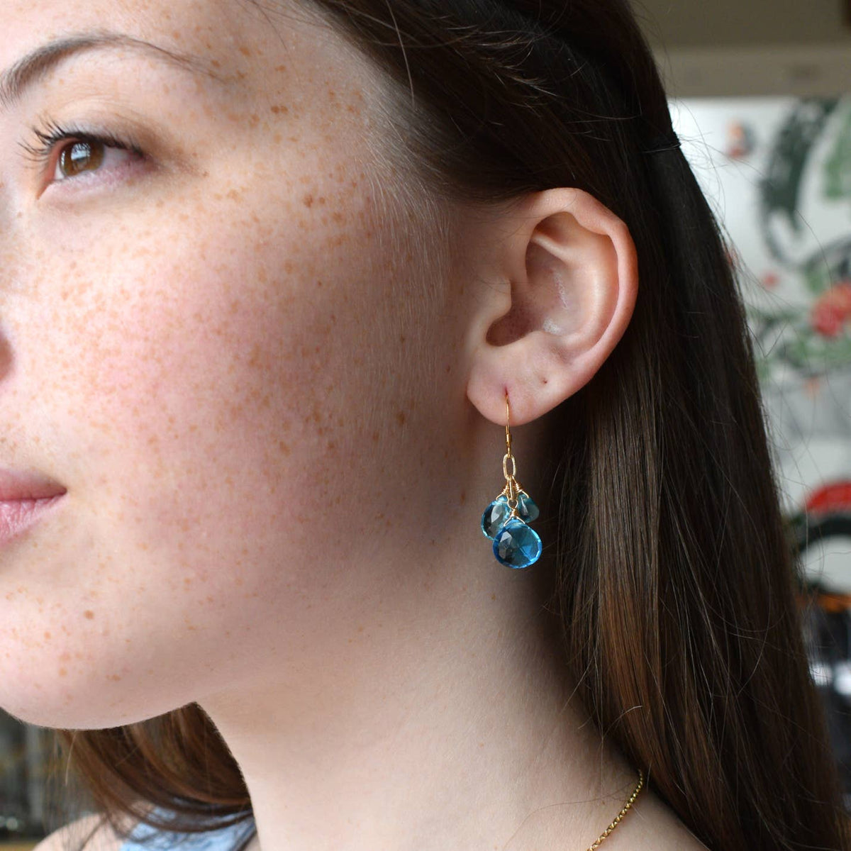 Edgy Petal Blue Quartz Cluster Gold Earrings