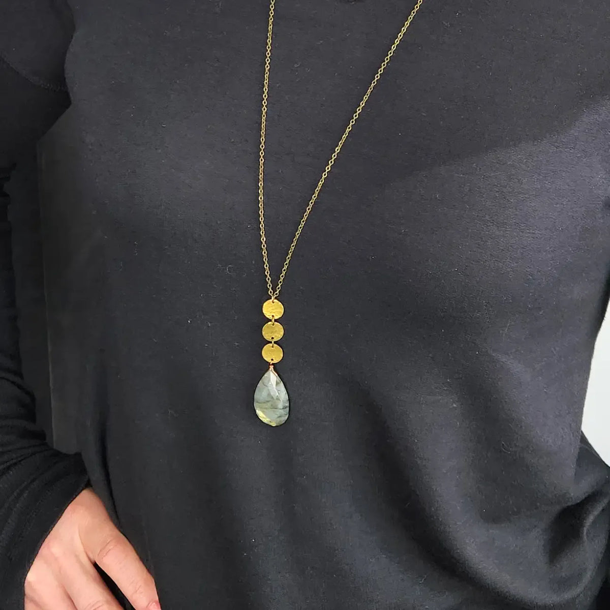 Edgy Petal Labradorite Hammered Triple Disk Long Chain Necklace