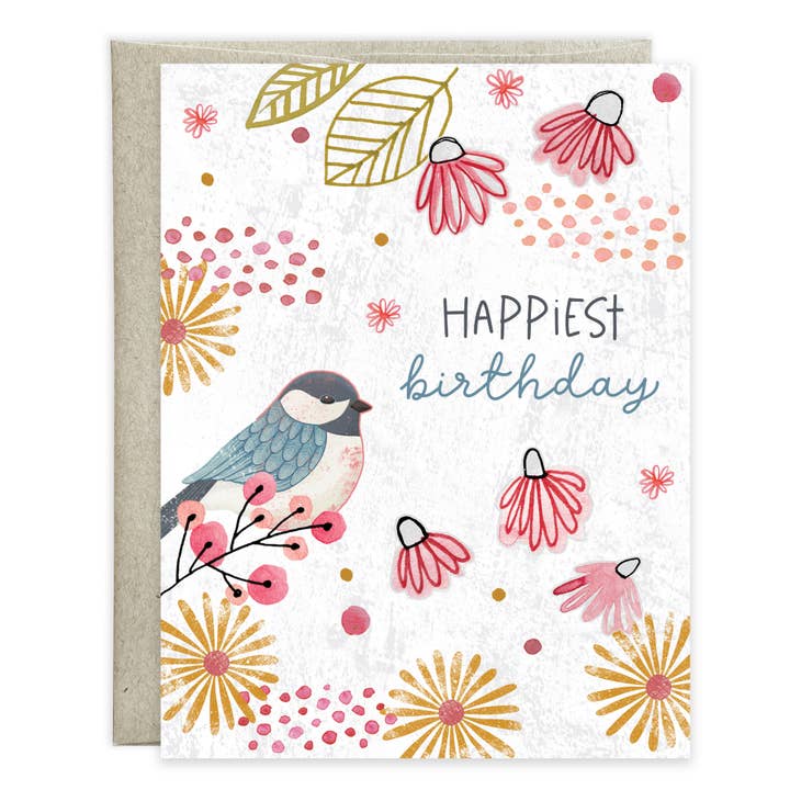 Chickadee Flowers Birthday Greeting Card