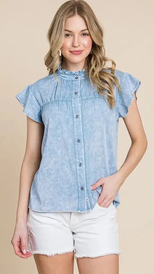Mineral Wash Ruffle Button Down Shirt