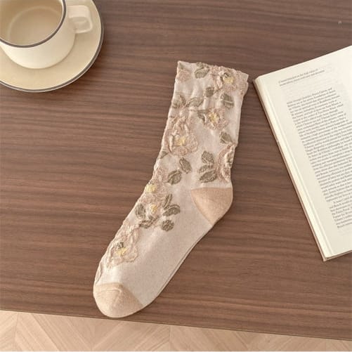 Classic Rose Embroidery Crew Socks - Multiple Colors