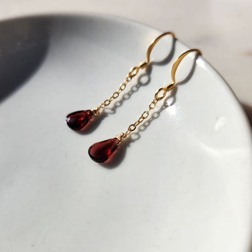 Edgy Petal Garnet Dainty Gold Chain Earrings