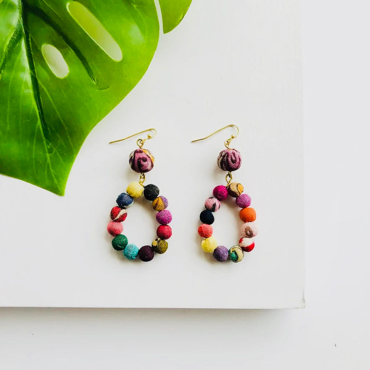 World Finds Kantha Dangling Teardrop Earrings
