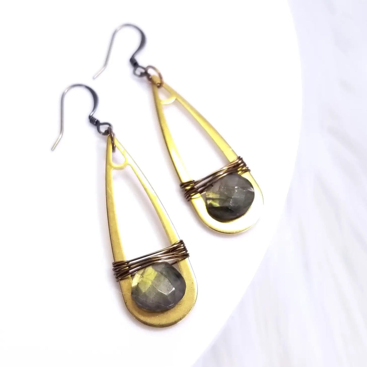 Edgy Petal Labradorite Wire Wrapped Elongated Teardrop Earrings