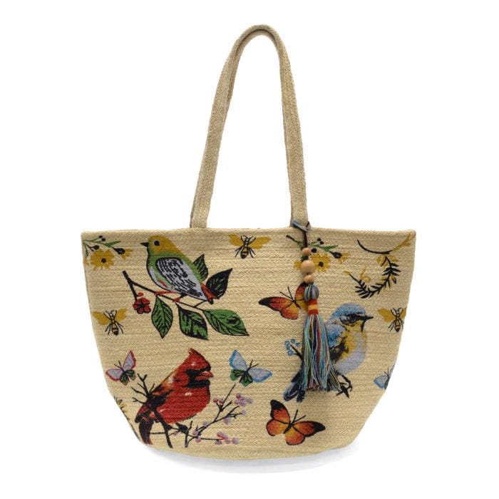 Joy Susan Painted Bird Avis Jute Tote with Tassel