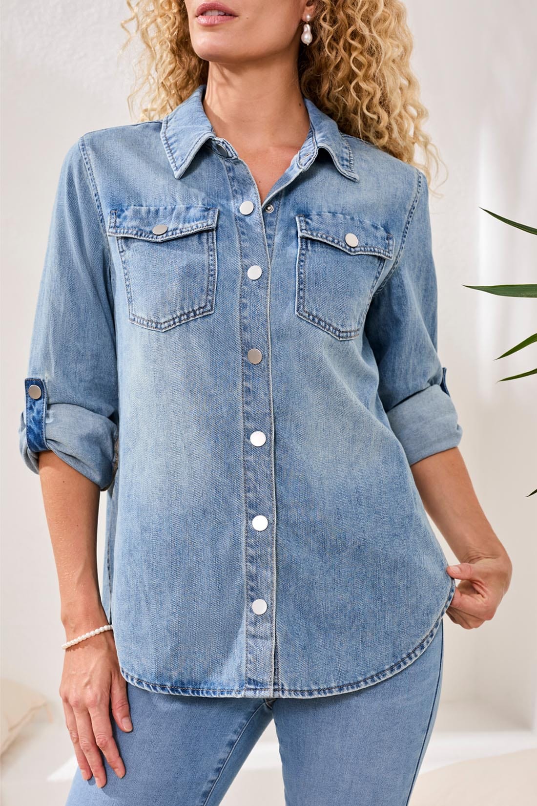 Tribal Classic Denim Shirt w/ Roll Up Tab