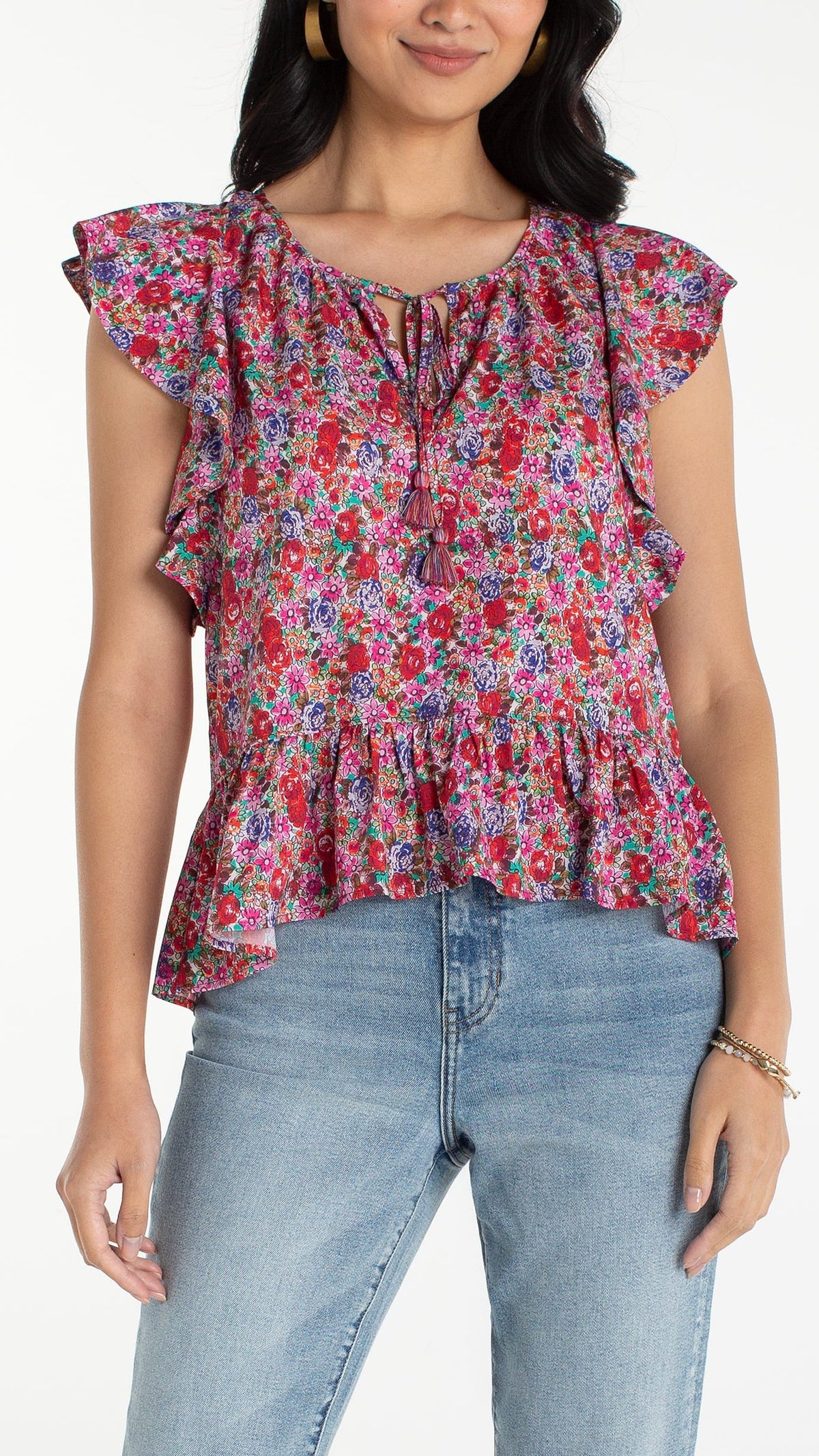 Liverpool Flutter Sleeve Peplum Woven Top with Ties